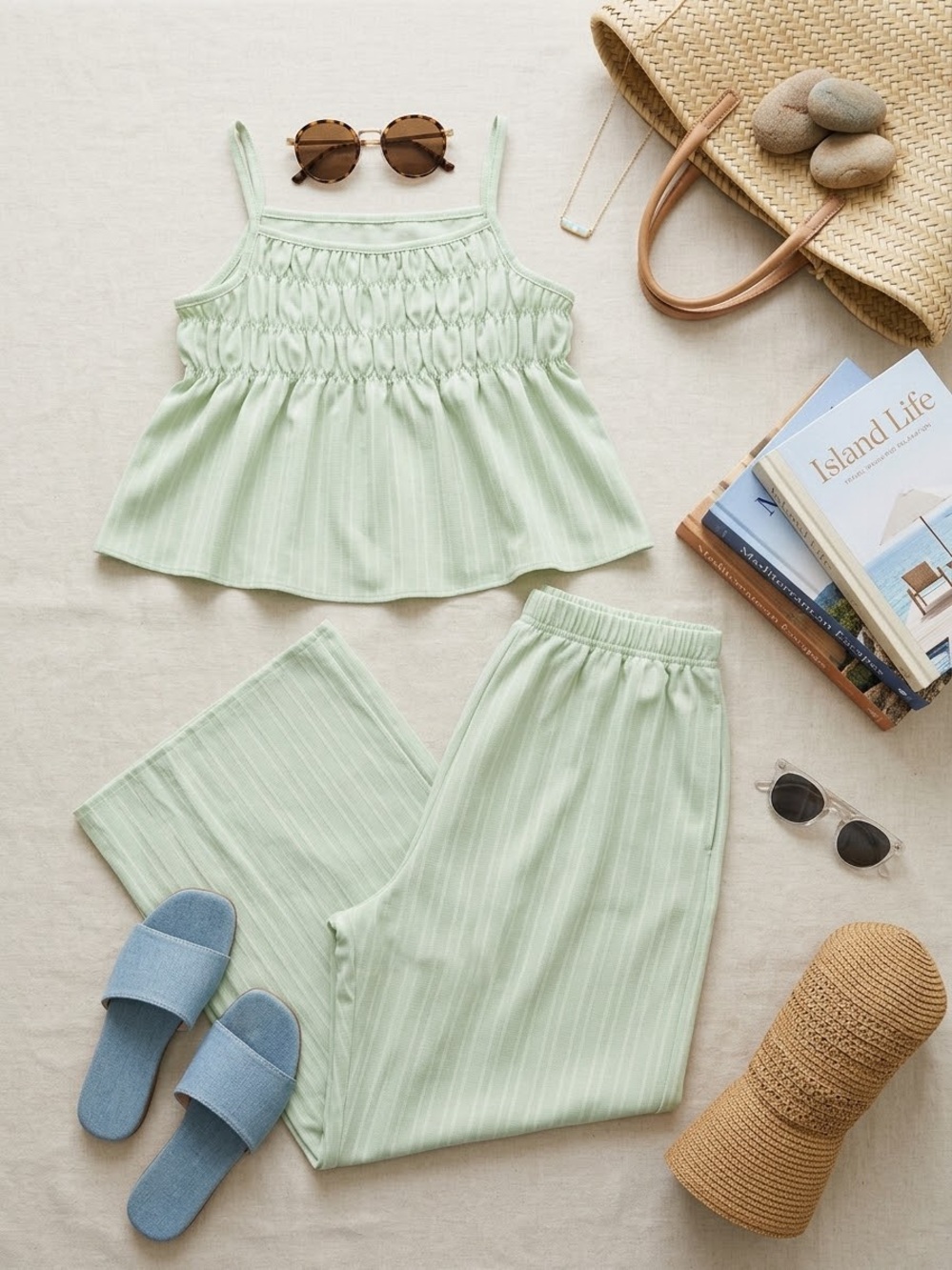 SHEIN Light Green Striped Smocked Tank & Wide Leg Pants Set